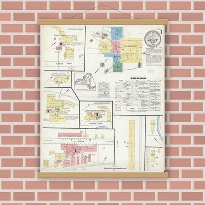 Old map wall art mockup — magnetic wood frame on brick wall — Sanborn Fire Insurance Map from Goshen, Orange County, New York (1915) - Complete Map Set