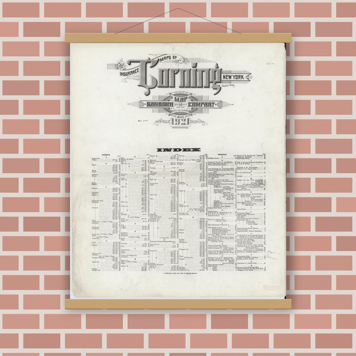 Old map wall art mockup — magnetic wood frame on brick wall — Sanborn Fire Insurance Map from Corning, Steuben County, New York (1921), Sheet #0001