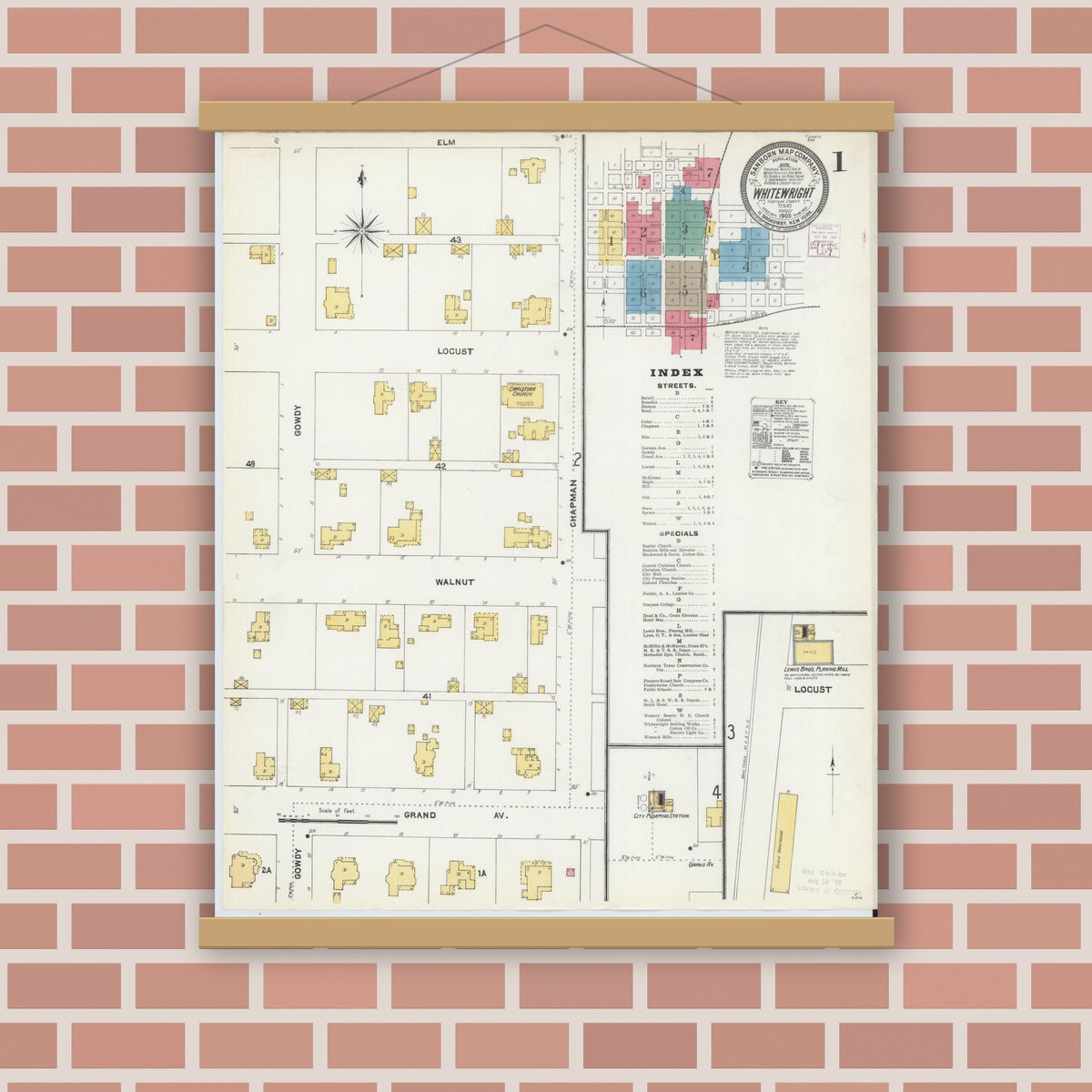 Old map wall art mockup — magnetic wood frame on brick wall — Sanborn Fire Insurance Map from Whitewright, Grayson County, Texas (1905), Sheet #0001
