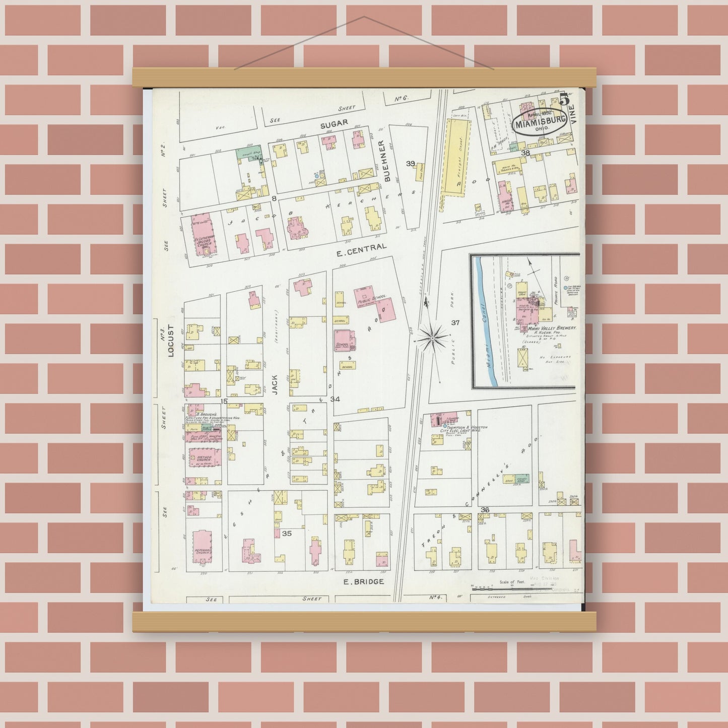 Old map wall art mockup — magnetic wood frame on brick wall — Sanborn Fire Insurance Map from Miamisburg, Montgomery County, Ohio (1892), Sheet #0005