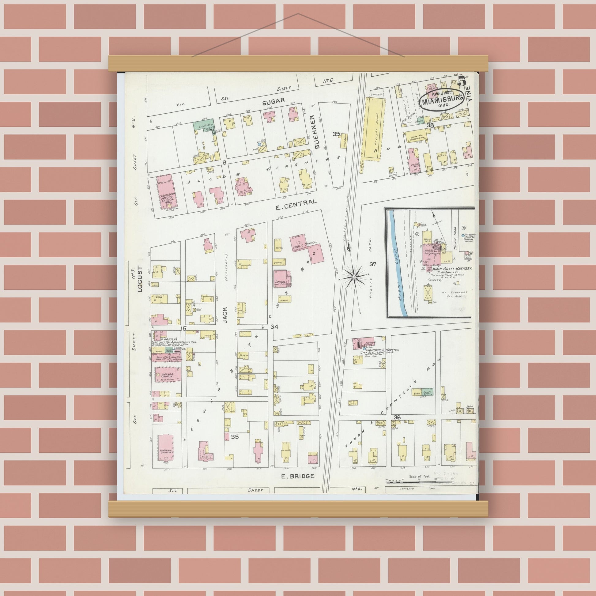 Old map wall art mockup — magnetic wood frame on brick wall — Sanborn Fire Insurance Map from Miamisburg, Montgomery County, Ohio (1892), Sheet #0005