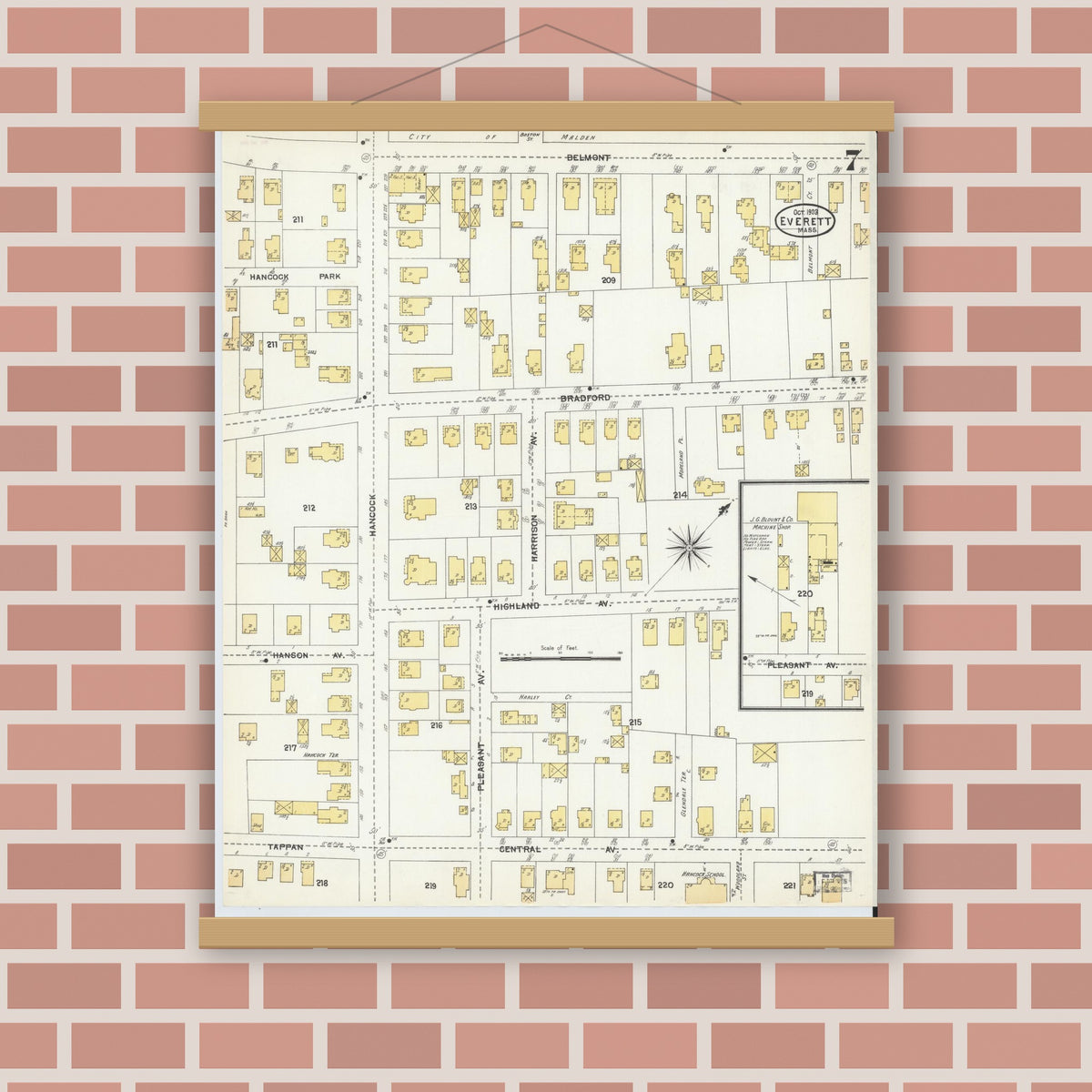 Old map wall art mockup — magnetic wood frame on brick wall — Sanborn Fire Insurance Map from Everett, Middlesex County, Massachusetts (1903), Sheet #0007