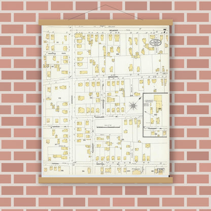 Old map wall art mockup — magnetic wood frame on brick wall — Sanborn Fire Insurance Map from Everett, Middlesex County, Massachusetts (1903), Sheet #0007