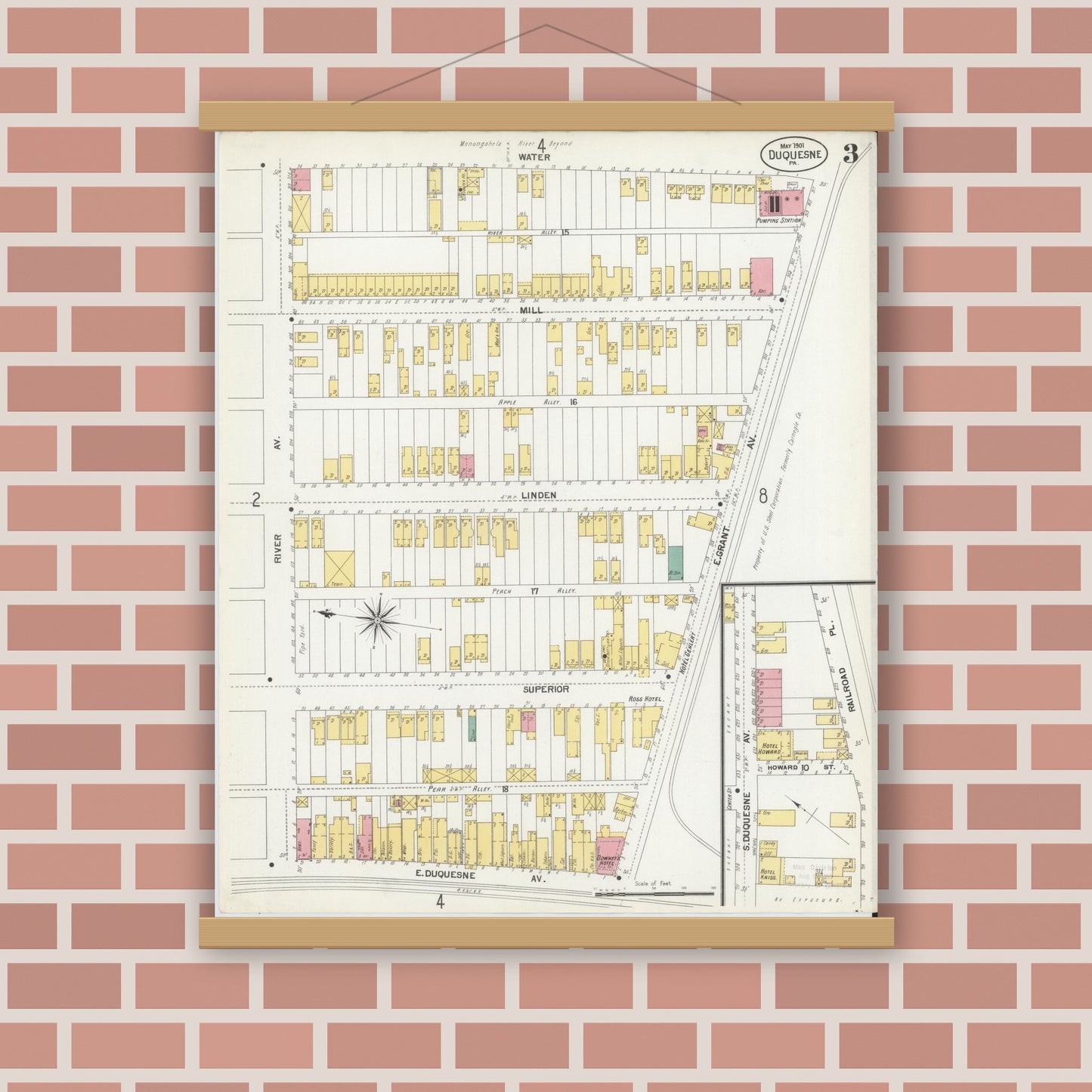 Old map wall art mockup — magnetic wood frame on brick wall — Sanborn Fire Insurance Map from Duquesne, Allegheny County, Pennsylvania (1901), Sheet #0003