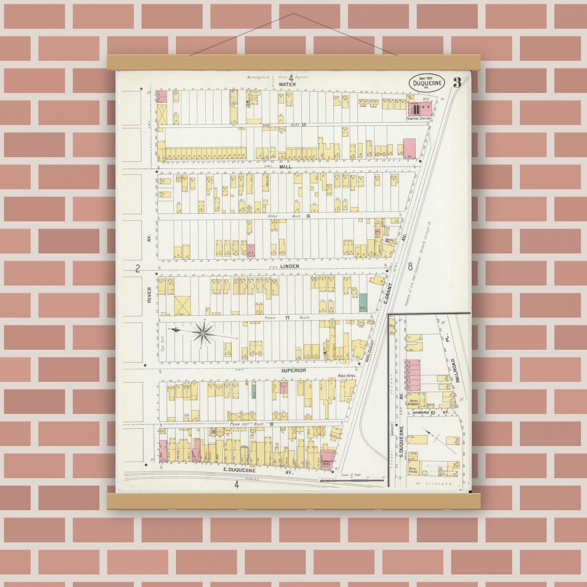 Old map wall art mockup — magnetic wood frame on brick wall — Sanborn Fire Insurance Map from Duquesne, Allegheny County, Pennsylvania (1901), Sheet #0003