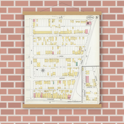 Old map wall art mockup — magnetic wood frame on brick wall — Sanborn Fire Insurance Map from Duquesne, Allegheny County, Pennsylvania (1901), Sheet #0003
