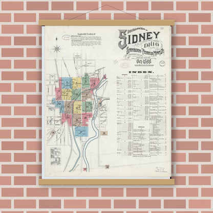 Old map wall art mockup — magnetic wood frame on brick wall — Sanborn Fire Insurance Map from Sidney, Shelby County, Ohio (1898), Sheet #0001
