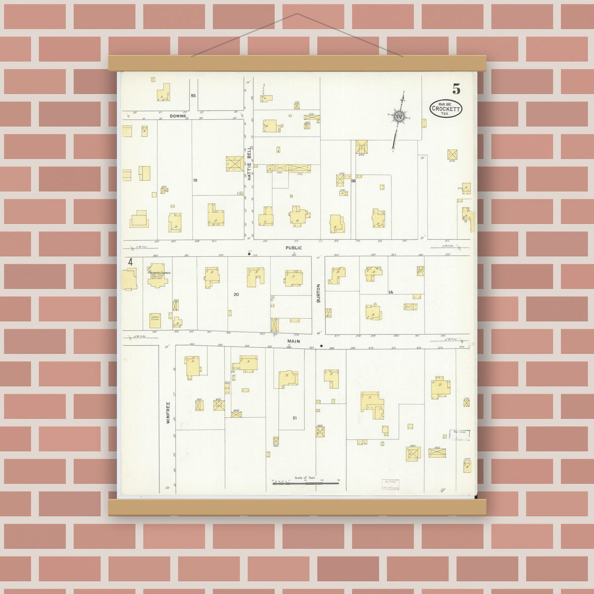Old map wall art mockup — magnetic wood frame on brick wall — Sanborn Fire Insurance Map from Crockett, Houston County, Texas (1912), Sheet #0005