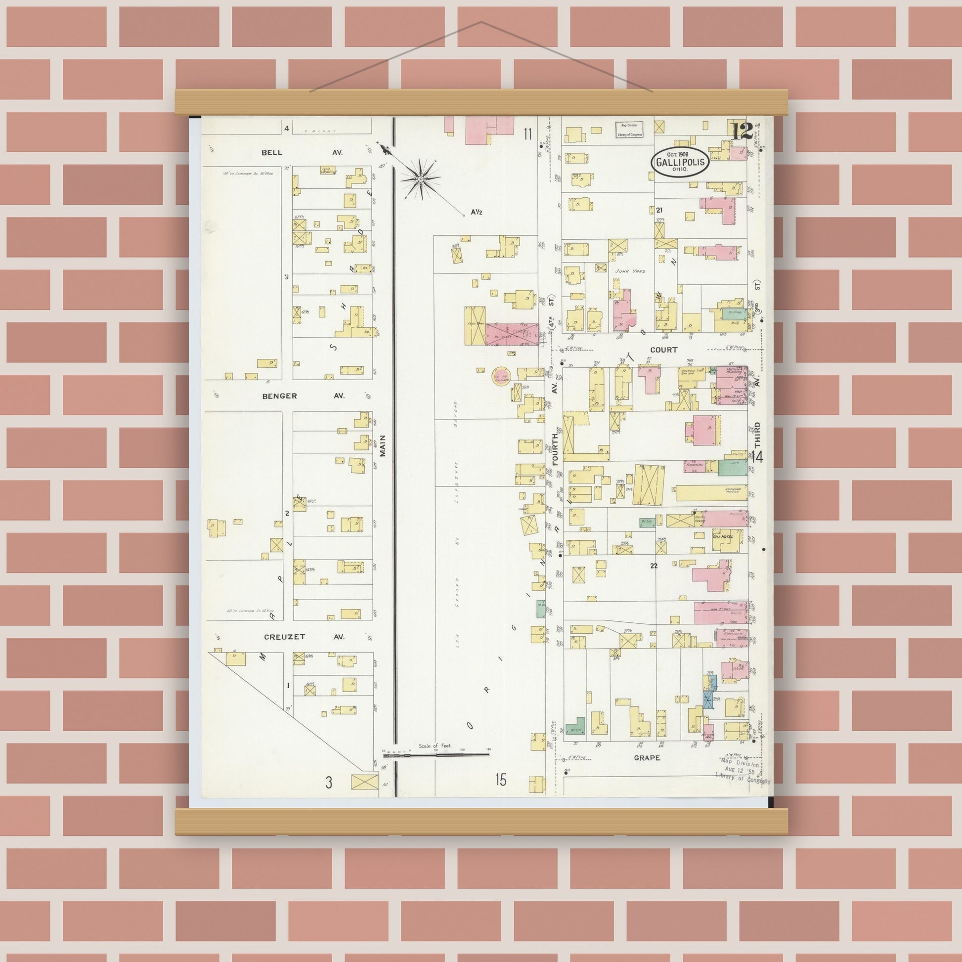 Old map wall art mockup — magnetic wood frame on brick wall — Sanborn Fire Insurance Map from Gallipolis, Gallia County, Ohio (1908), Sheet #0012