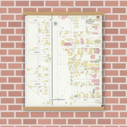 Old map wall art mockup — magnetic wood frame on brick wall — Sanborn Fire Insurance Map from Gallipolis, Gallia County, Ohio (1908), Sheet #0012