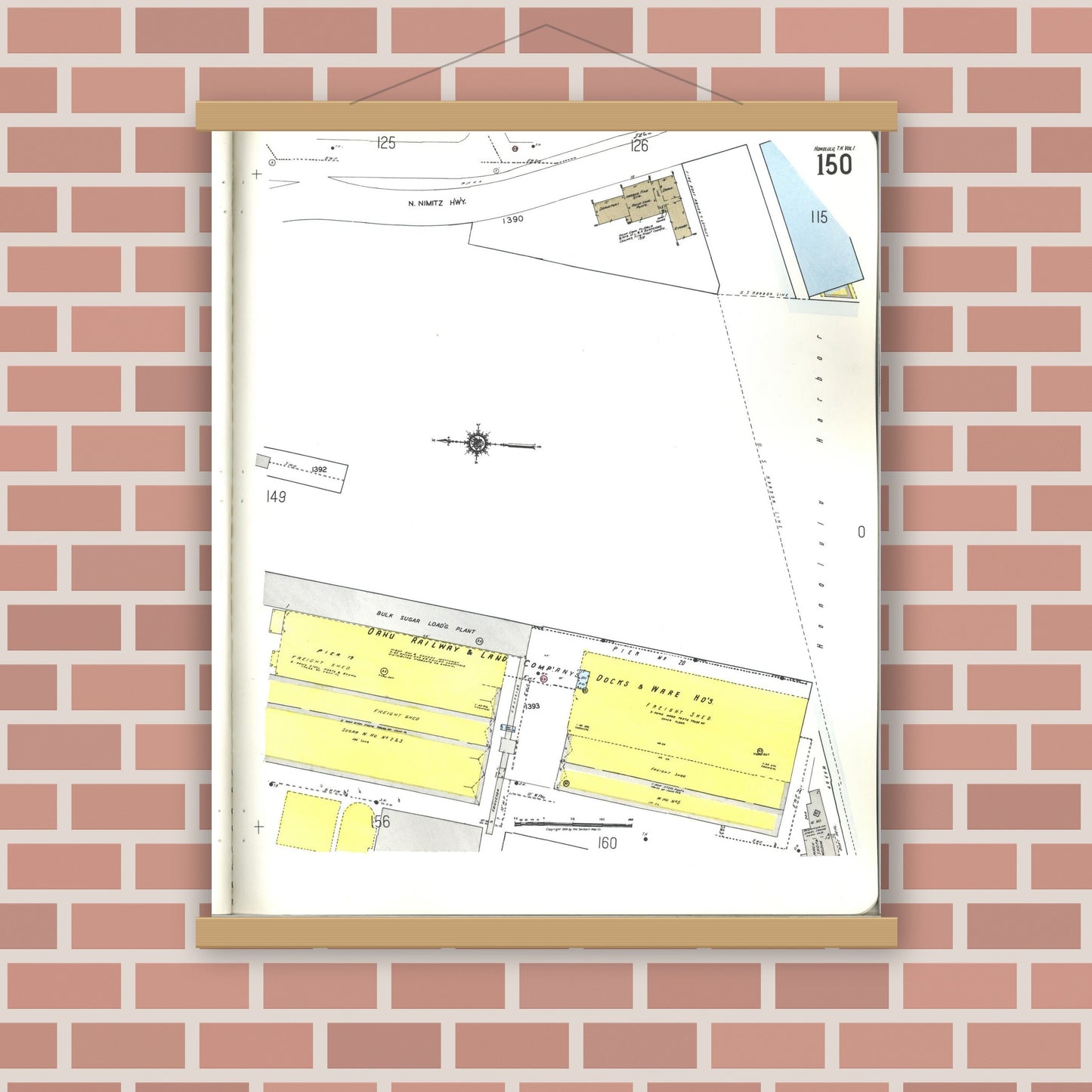 Old map wall art mockup — magnetic wood frame on brick wall — Sanborn Fire Insurance Map from Honolulu, Oahu County, Hawaii (1955), Sheet #0150