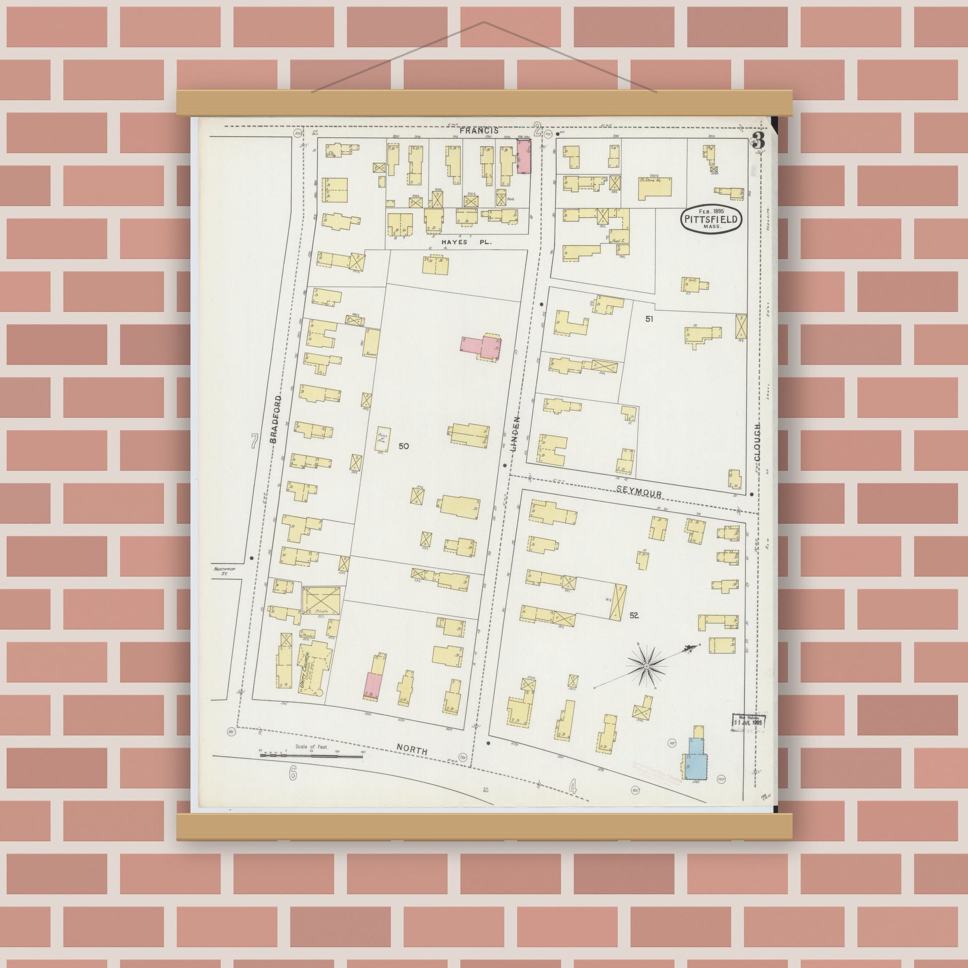 Old map wall art mockup — magnetic wood frame on brick wall — Sanborn Fire Insurance Map from Pittsfield, Berkshire County, Massachusetts (1895), Sheet #0003