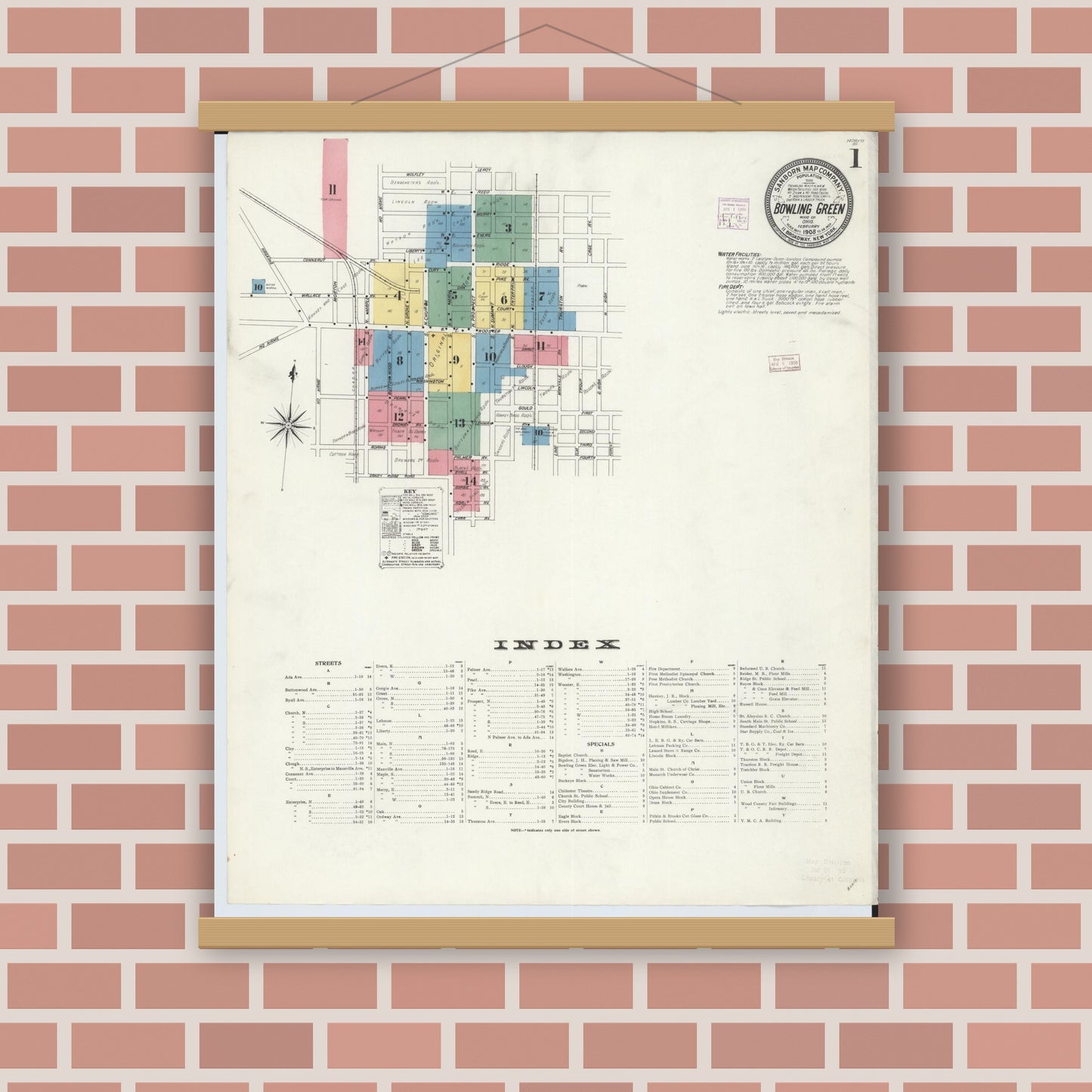 Old map wall art mockup — magnetic wood frame on brick wall — Sanborn Fire Insurance Map from Bowling Green, Wood County, Ohio (1908), Sheet #0001