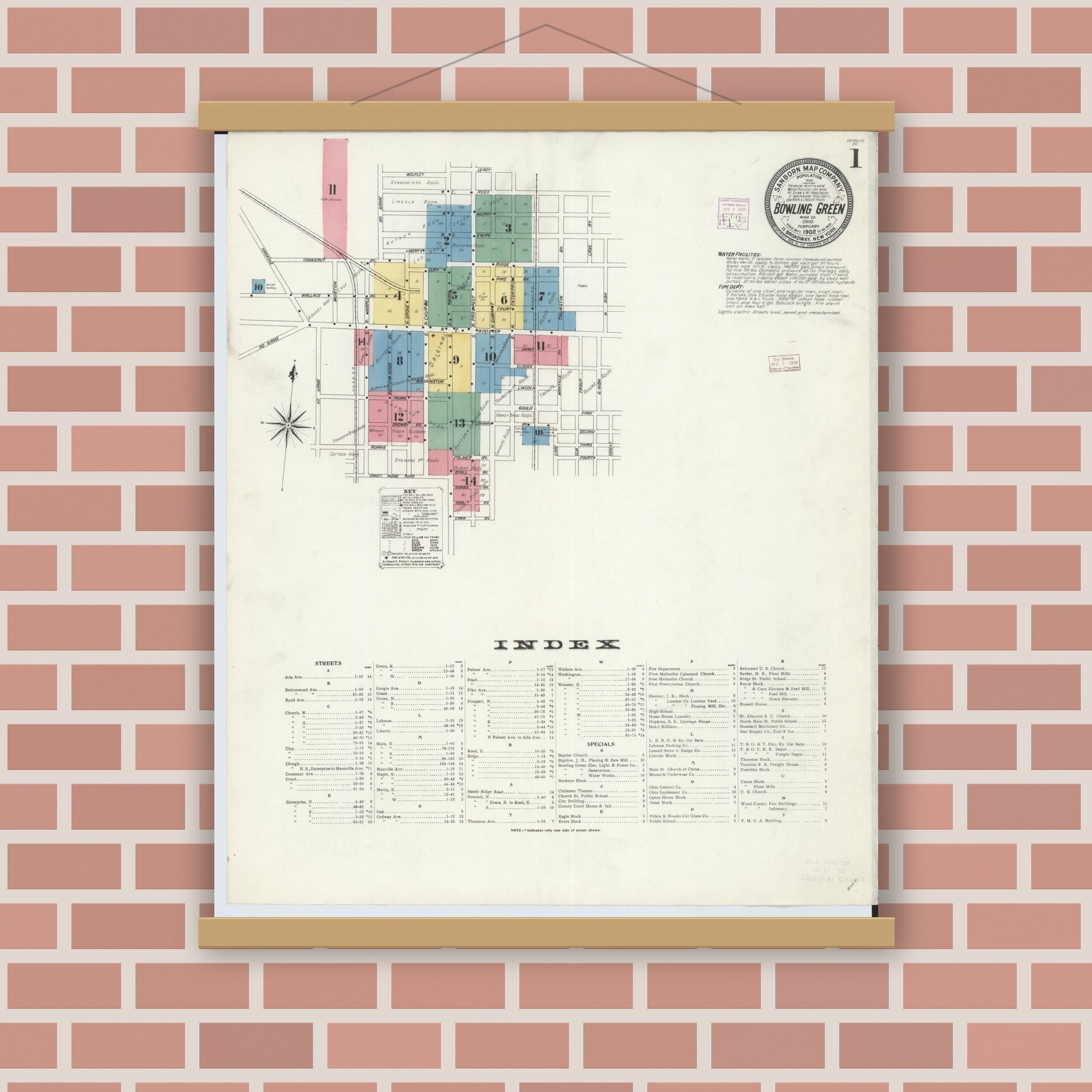 Old map wall art mockup — magnetic wood frame on brick wall — Sanborn Fire Insurance Map from Bowling Green, Wood County, Ohio (1908), Sheet #0001