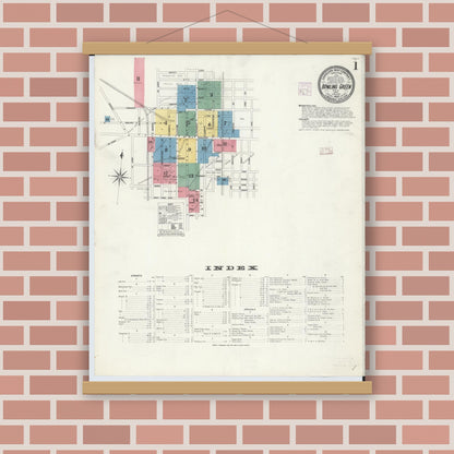 Old map wall art mockup — magnetic wood frame on brick wall — Sanborn Fire Insurance Map from Bowling Green, Wood County, Ohio (1908), Sheet #0001