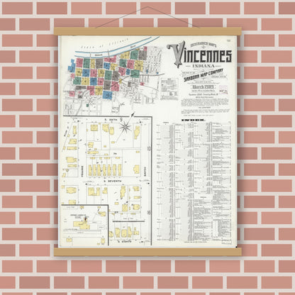 Old map wall art mockup — magnetic wood frame on brick wall — Sanborn Fire Insurance Map from Vincennes, Knox County, Indiana (1909), Sheet #0001