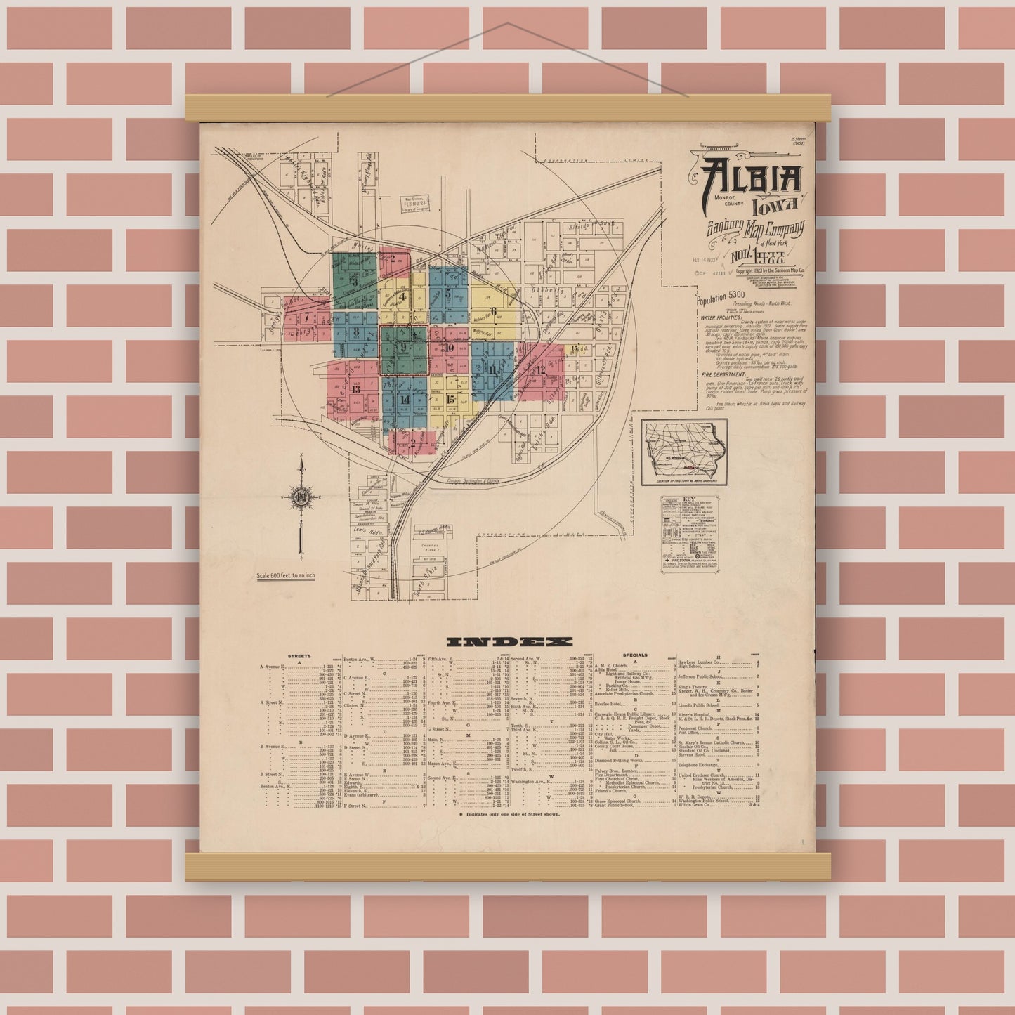 Old map wall art mockup — magnetic wood frame on brick wall — Sanborn Fire Insurance Map from Albia, Monroe County, Iowa (1922) â€” Complete Set