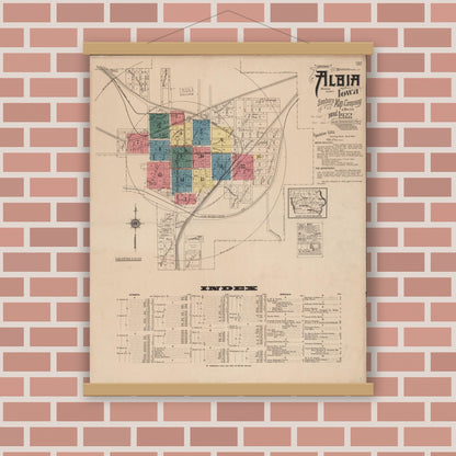 Old map wall art mockup — magnetic wood frame on brick wall — Sanborn Fire Insurance Map from Albia, Monroe County, Iowa (1922) â€” Complete Set