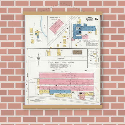 Old map wall art mockup — magnetic wood frame on brick wall — Sanborn Fire Insurance Map from Wabash, Wabash County, Indiana (1920), Sheet #0015