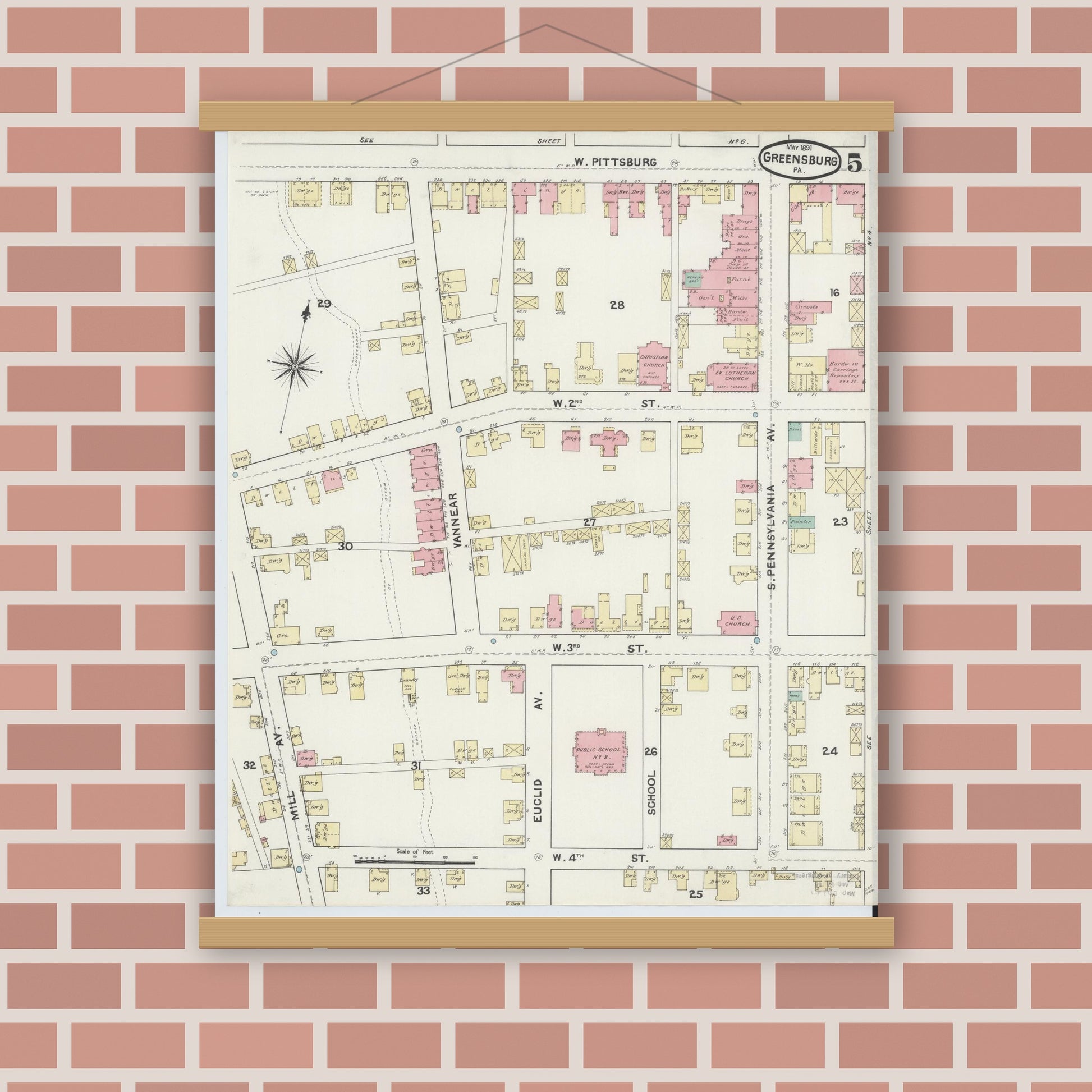 Old map wall art mockup — magnetic wood frame on brick wall — Sanborn Fire Insurance Map from Greensburg, Westmoreland County, Pennsylvania (1891), Sheet #0005