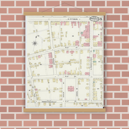 Old map wall art mockup — magnetic wood frame on brick wall — Sanborn Fire Insurance Map from Greensburg, Westmoreland County, Pennsylvania (1891), Sheet #0005