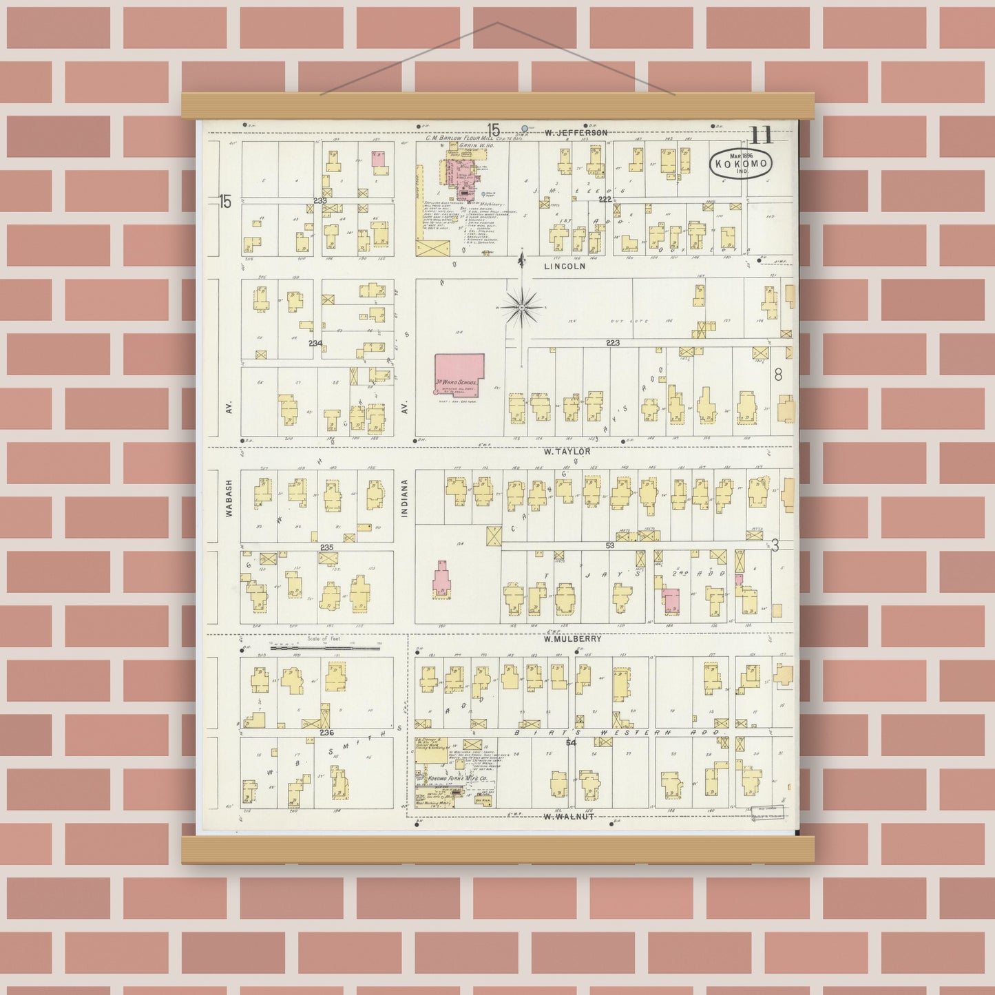 Old map wall art mockup — magnetic wood frame on brick wall — Sanborn Fire Insurance Map from Kokomo, Howard County, Indiana (1896), Sheet #0011