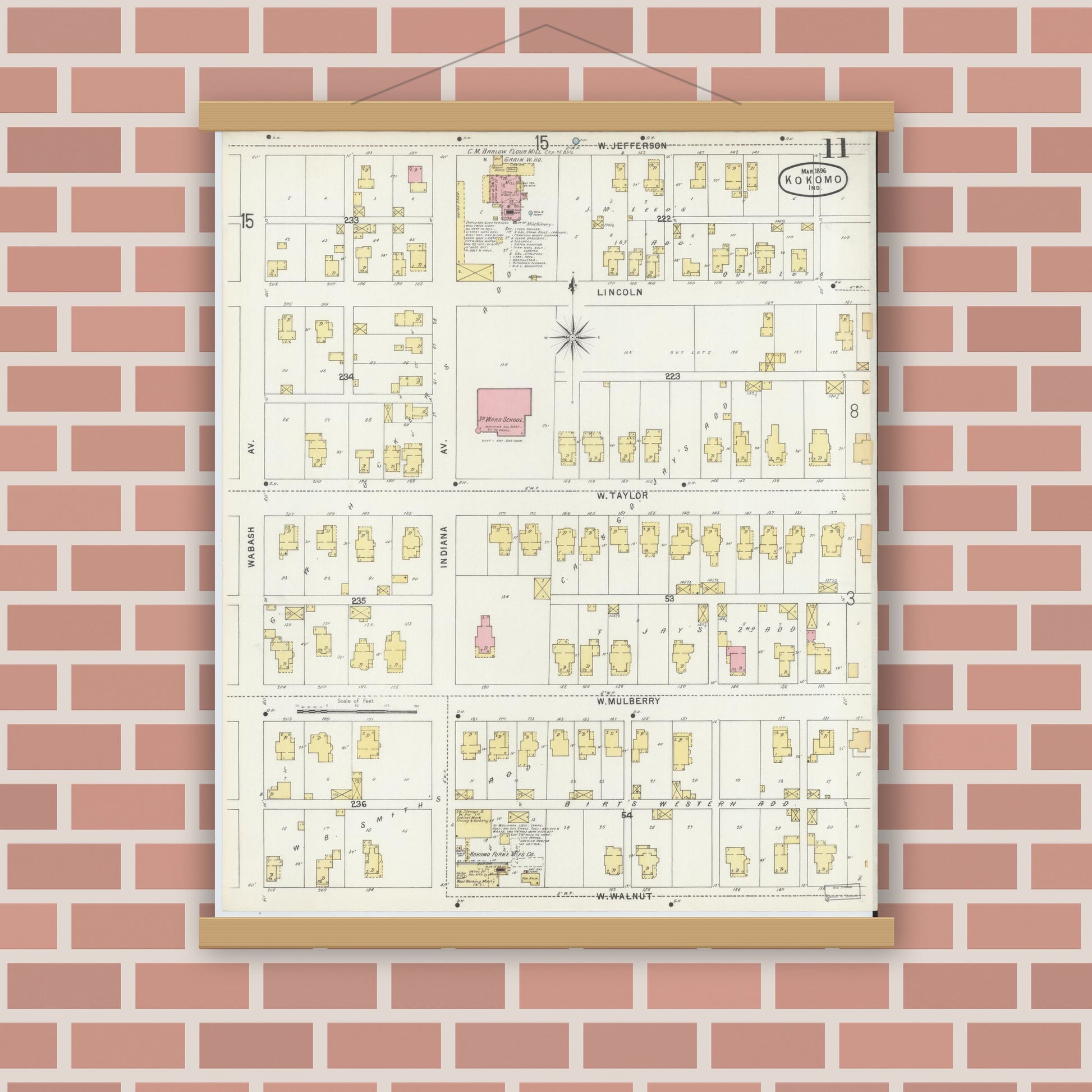 Old map wall art mockup — magnetic wood frame on brick wall — Sanborn Fire Insurance Map from Kokomo, Howard County, Indiana (1896), Sheet #0011