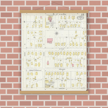 Old map wall art mockup — magnetic wood frame on brick wall — Sanborn Fire Insurance Map from Kokomo, Howard County, Indiana (1896), Sheet #0011