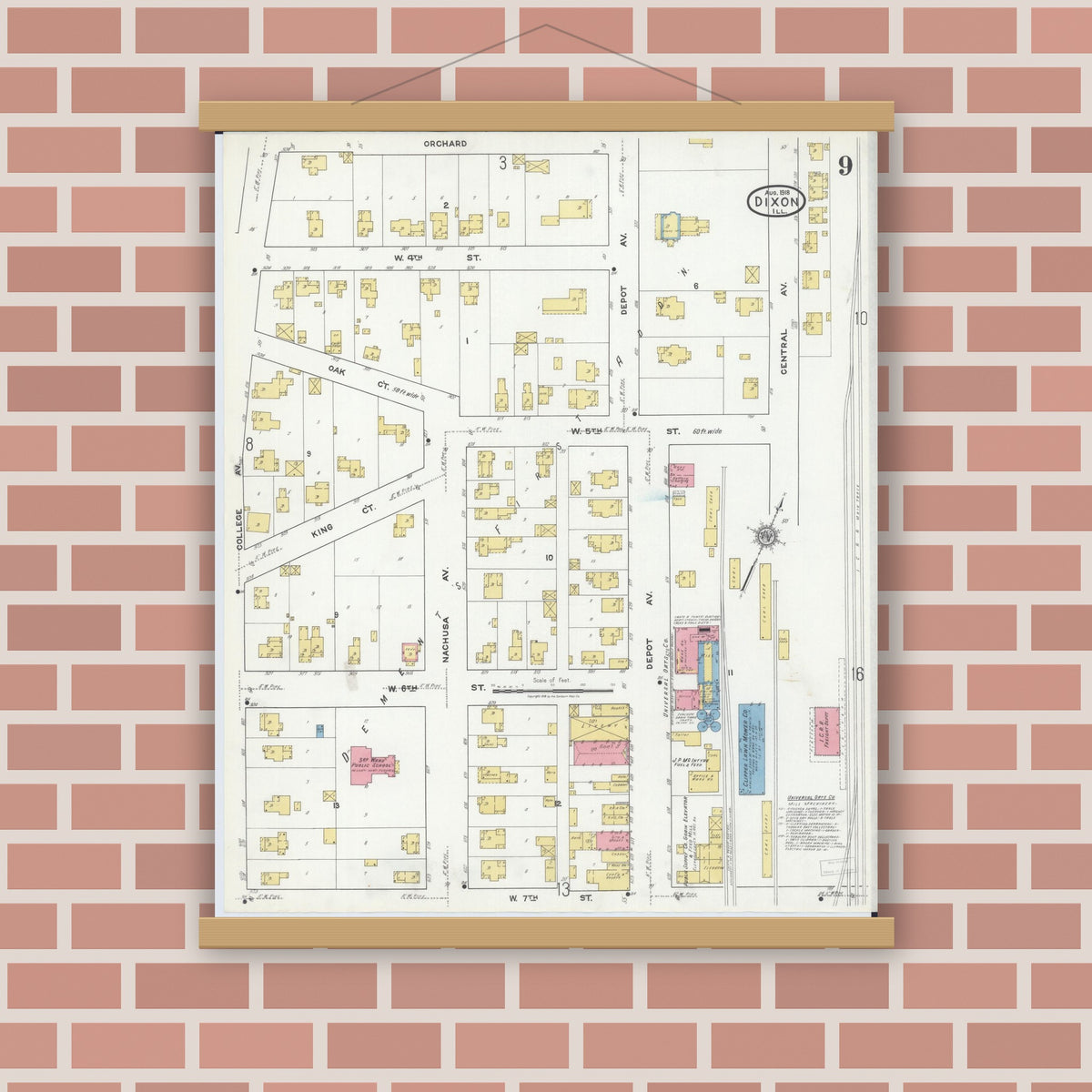 Old map wall art mockup — magnetic wood frame on brick wall — Sanborn Fire Insurance Map from Dixon, Lee County, Illinois (1918), Sheet #0009
