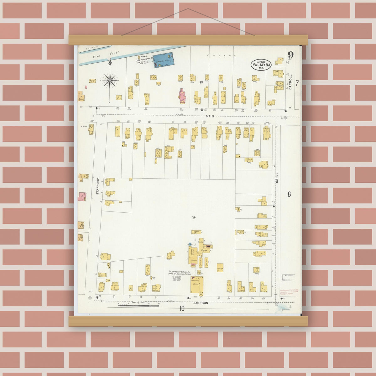Old map wall art mockup — magnetic wood frame on brick wall — Sanborn Fire Insurance Map from Palmyra, Wayne County, New York (1906), Sheet #0009