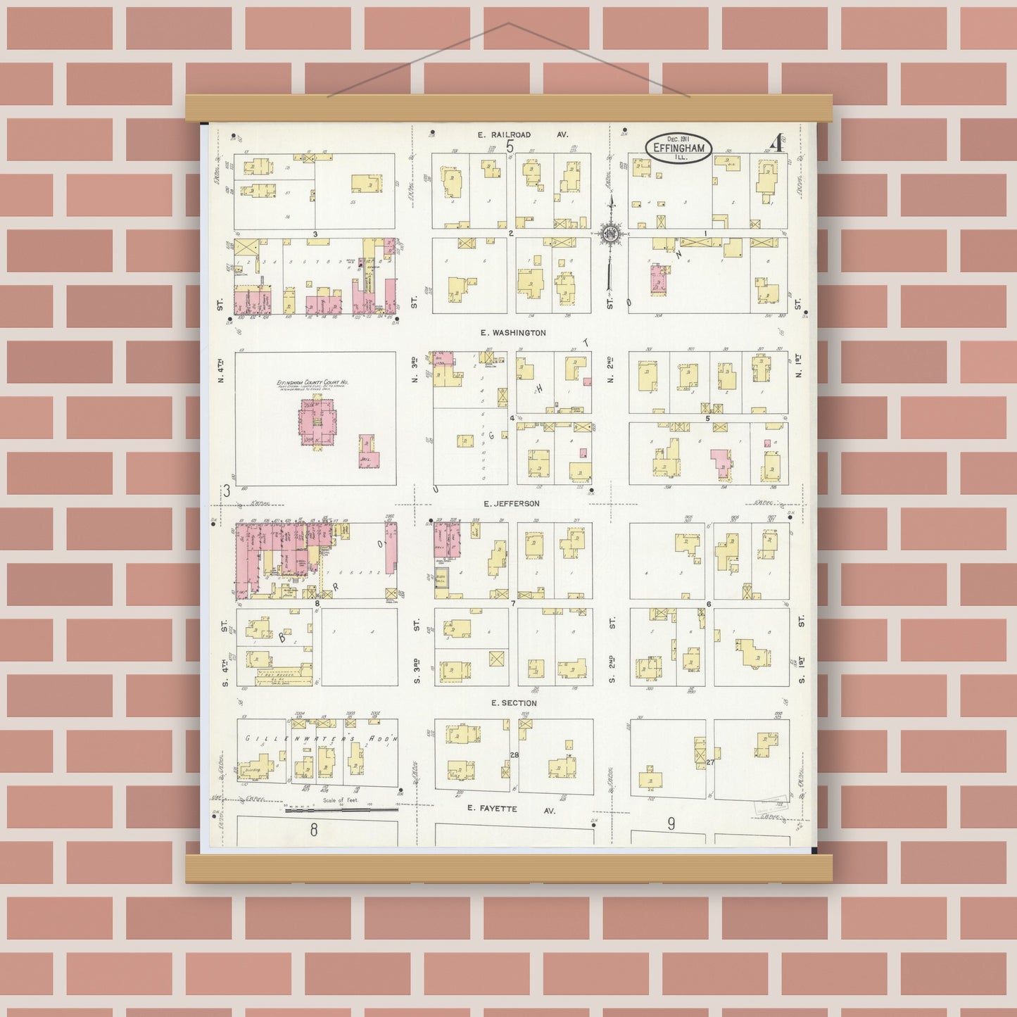 Old map wall art mockup — magnetic wood frame on brick wall — Sanborn Fire Insurance Map from Effingham, Effingham County, Illinois (1911), Sheet #0004