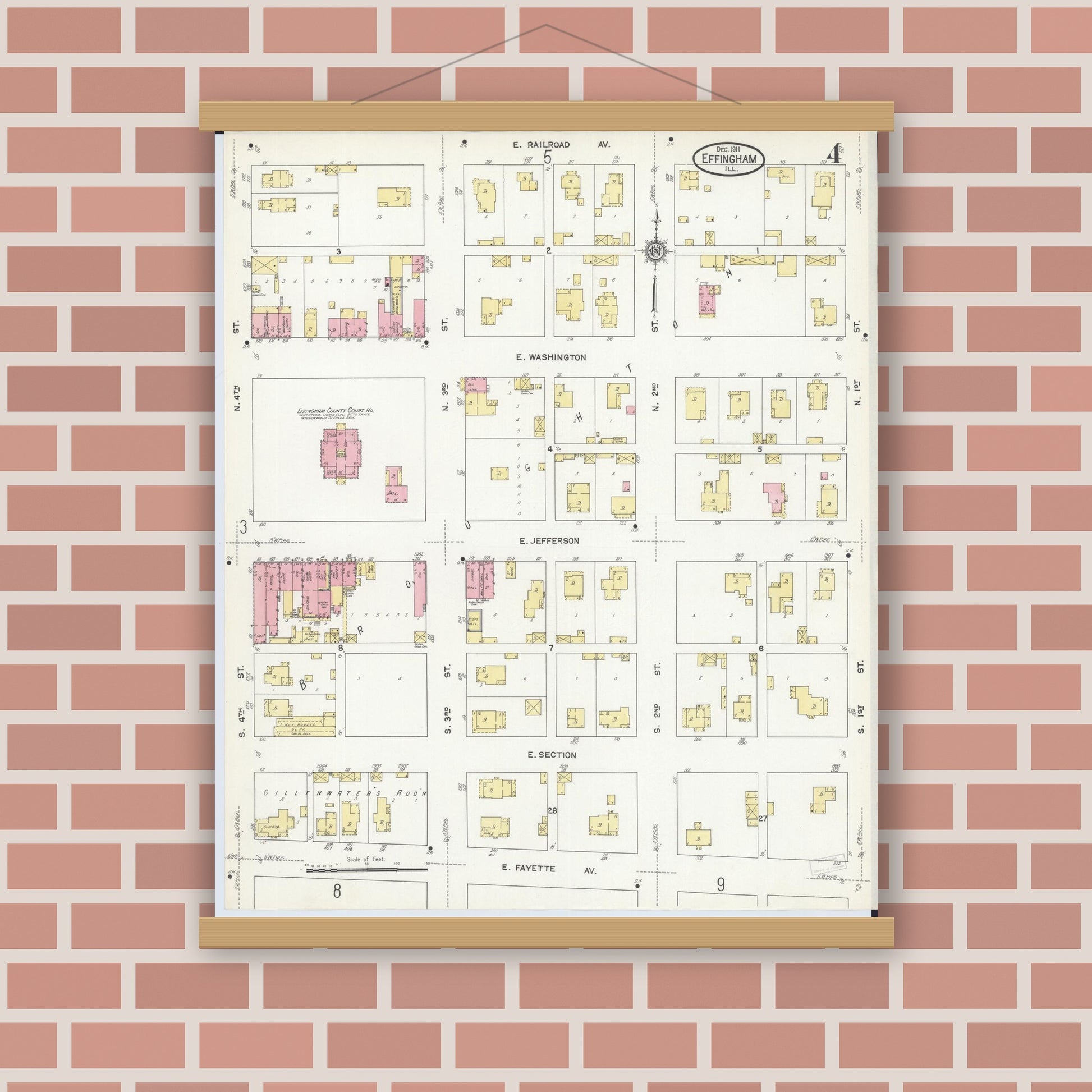 Old map wall art mockup — magnetic wood frame on brick wall — Sanborn Fire Insurance Map from Effingham, Effingham County, Illinois (1911), Sheet #0004