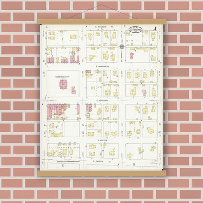 Old map wall art mockup — magnetic wood frame on brick wall — Sanborn Fire Insurance Map from Effingham, Effingham County, Illinois (1911), Sheet #0004