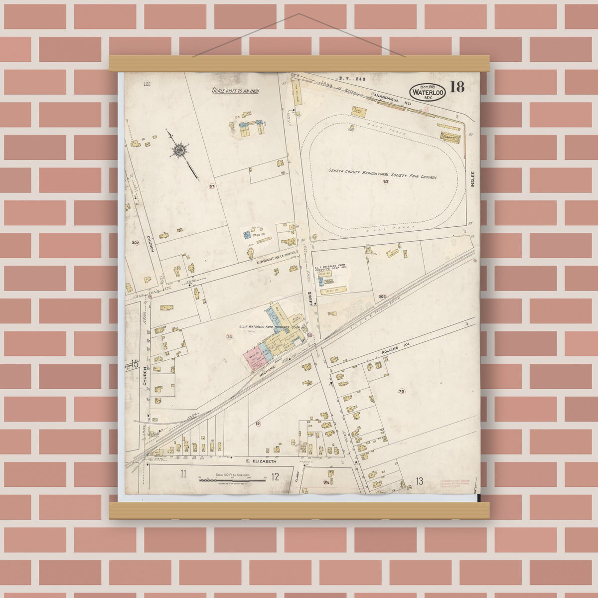Old map wall art mockup — magnetic wood frame on brick wall — Sanborn Fire Insurance Map from Waterloo, Seneca County, New York (1948), Sheet #0018