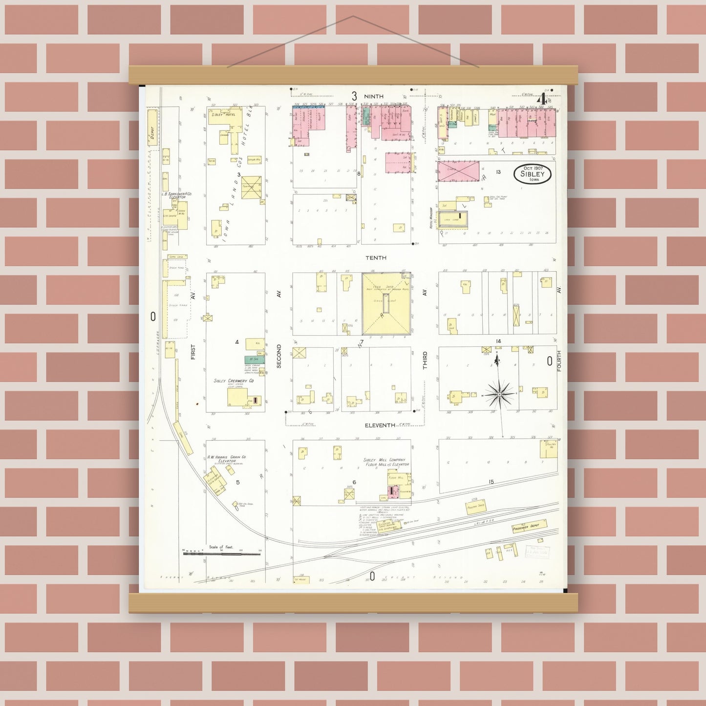 Old map wall art mockup — magnetic wood frame on brick wall — Sanborn Fire Insurance Map from Sibley, Osceola County, Iowa (1907), Sheet #0004
