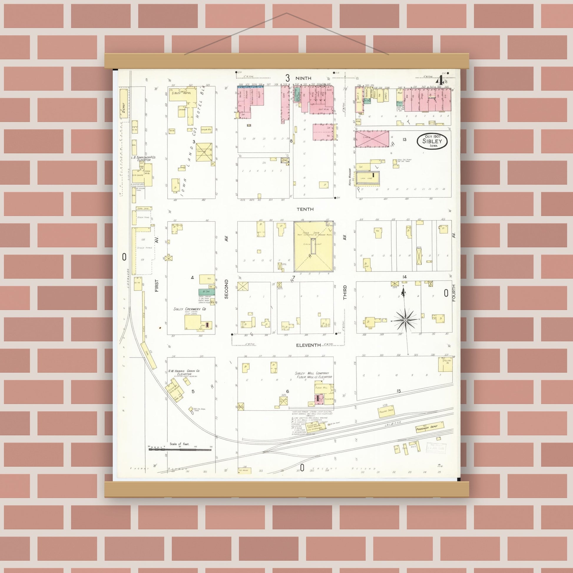 Old map wall art mockup — magnetic wood frame on brick wall — Sanborn Fire Insurance Map from Sibley, Osceola County, Iowa (1907), Sheet #0004