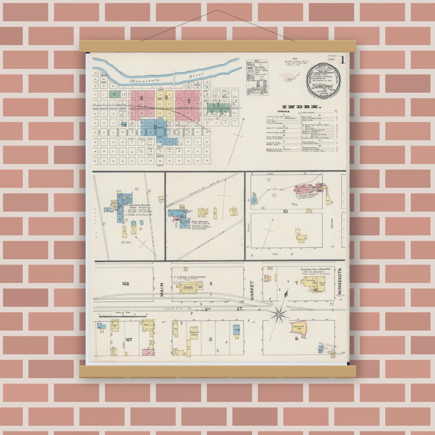 Old map wall art mockup — magnetic wood frame on brick wall — Sanborn Fire Insurance Map from Shakopee, Scott County, Minnesota (1890), Sheet #0001