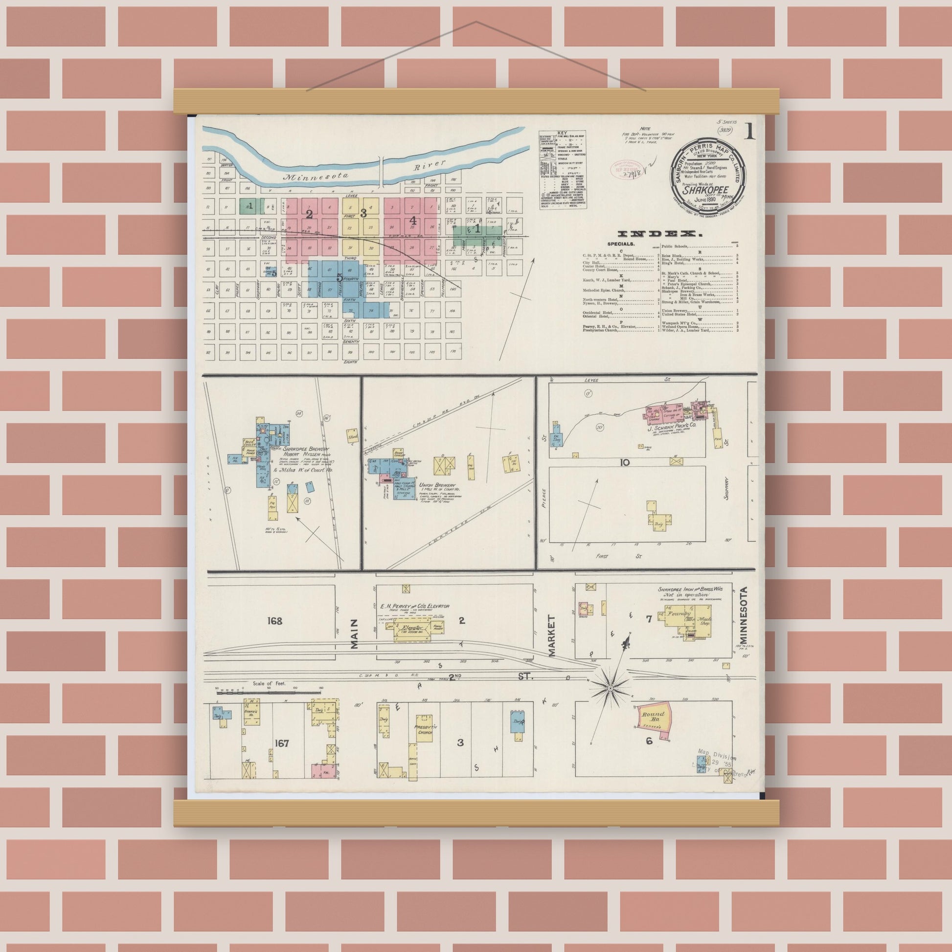 Old map wall art mockup — magnetic wood frame on brick wall — Sanborn Fire Insurance Map from Shakopee, Scott County, Minnesota (1890), Sheet #0001