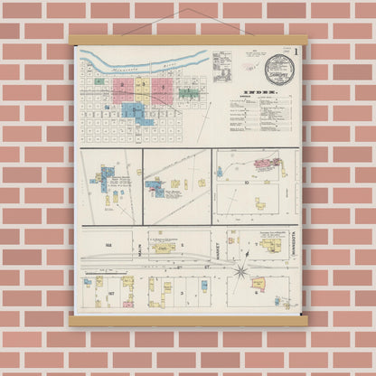 Old map wall art mockup — magnetic wood frame on brick wall — Sanborn Fire Insurance Map from Shakopee, Scott County, Minnesota (1890), Sheet #0001