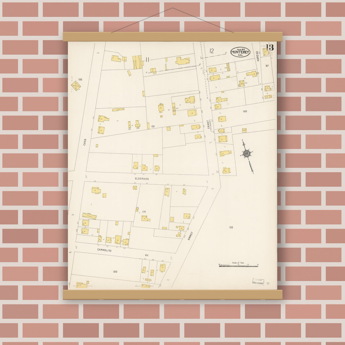 Old map wall art mockup — magnetic wood frame on brick wall — Sanborn Fire Insurance Map from Monterey, Monterey County, California (1912), Sheet #0013