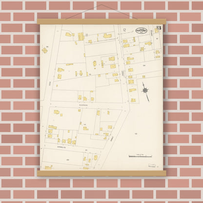 Old map wall art mockup — magnetic wood frame on brick wall — Sanborn Fire Insurance Map from Monterey, Monterey County, California (1912), Sheet #0013