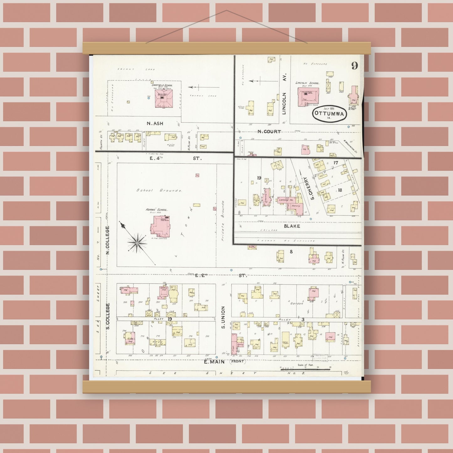 Old map wall art mockup — magnetic wood frame on brick wall — Sanborn Fire Insurance Map from Ottumwa, Wapello County, Iowa (1891), Sheet #0009