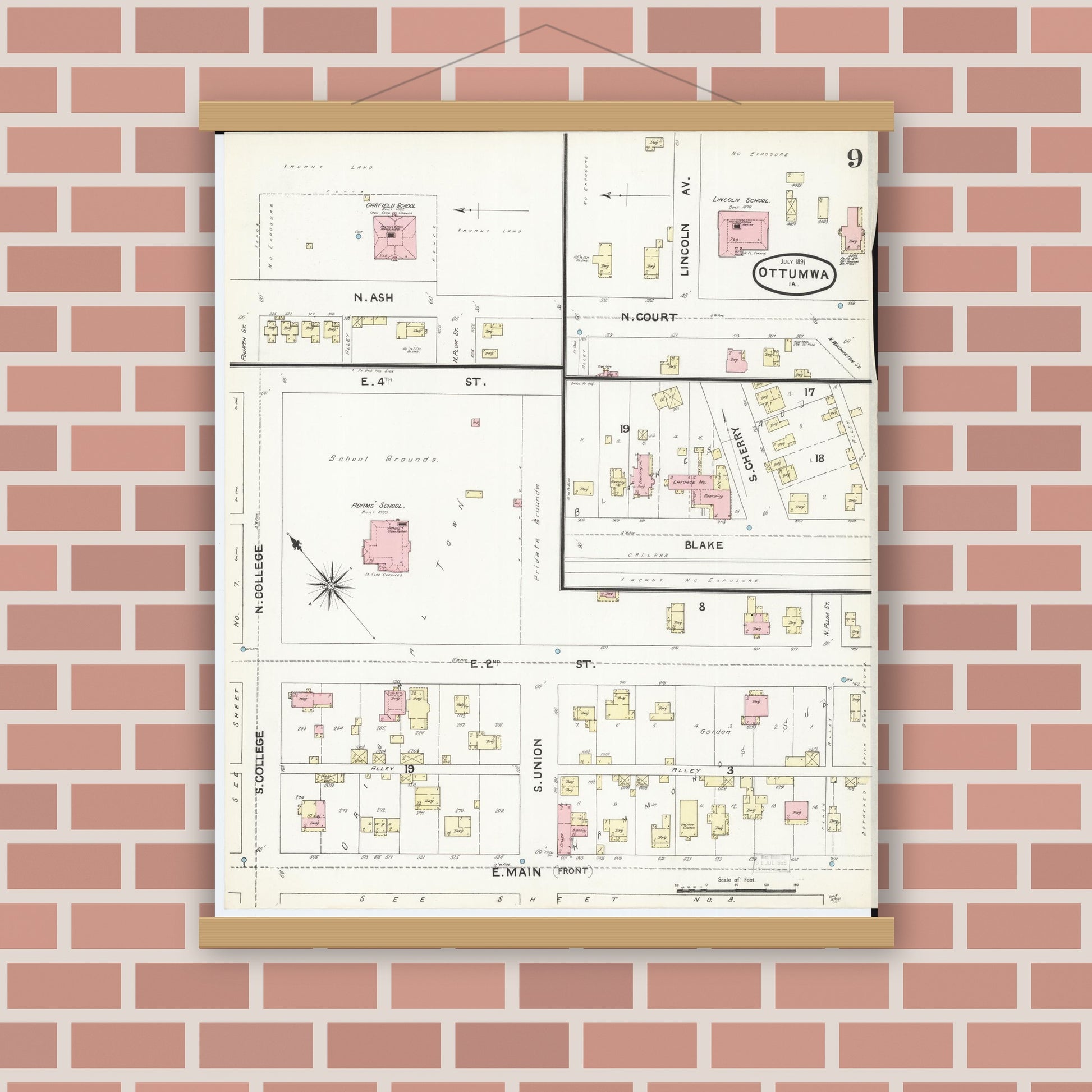 Old map wall art mockup — magnetic wood frame on brick wall — Sanborn Fire Insurance Map from Ottumwa, Wapello County, Iowa (1891), Sheet #0009