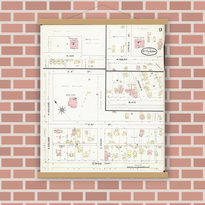 Old map wall art mockup — magnetic wood frame on brick wall — Sanborn Fire Insurance Map from Ottumwa, Wapello County, Iowa (1891), Sheet #0009