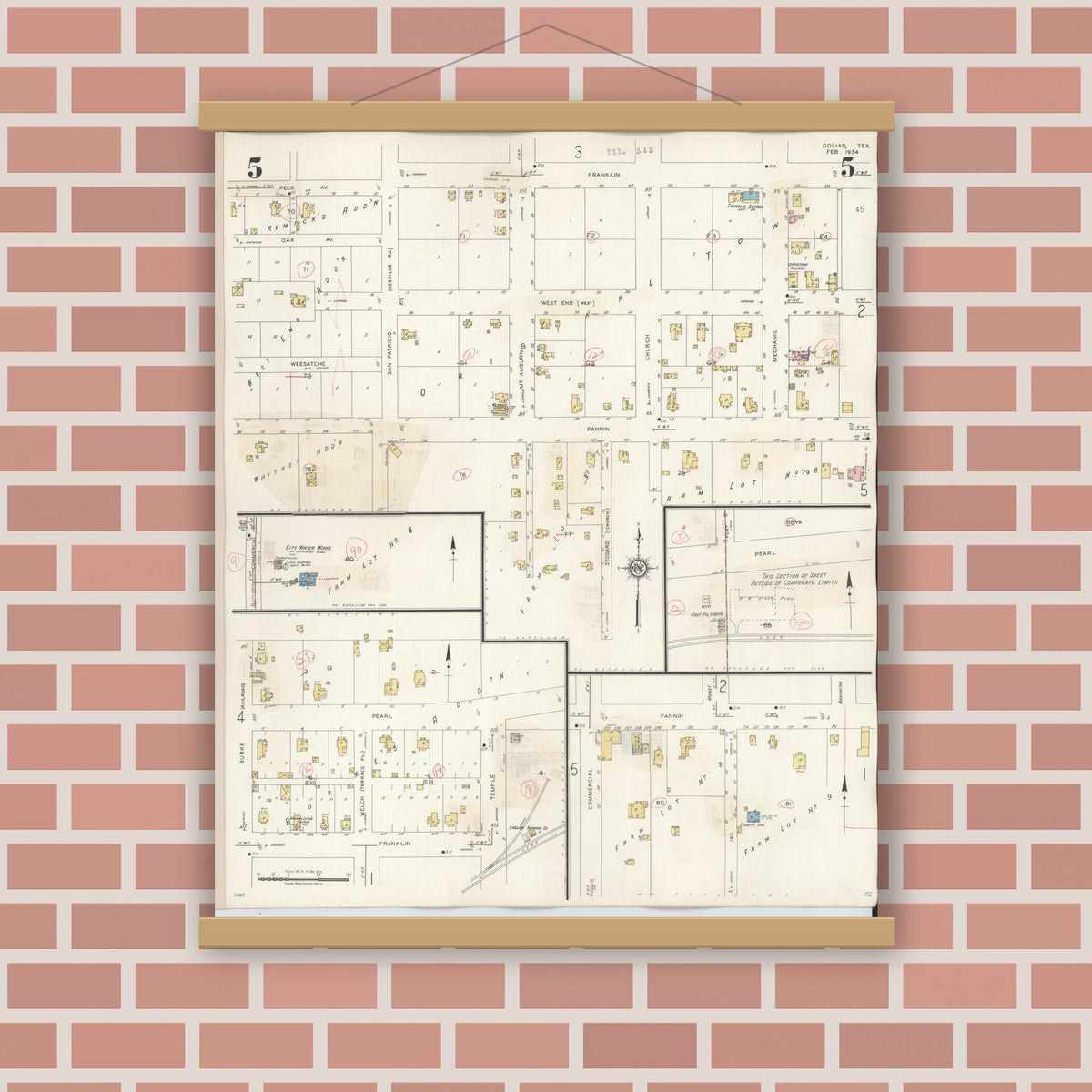 Old map wall art mockup — magnetic wood frame on brick wall — Sanborn Fire Insurance Map from Goliad, Goliad County, Texas (1944), Sheet #0005