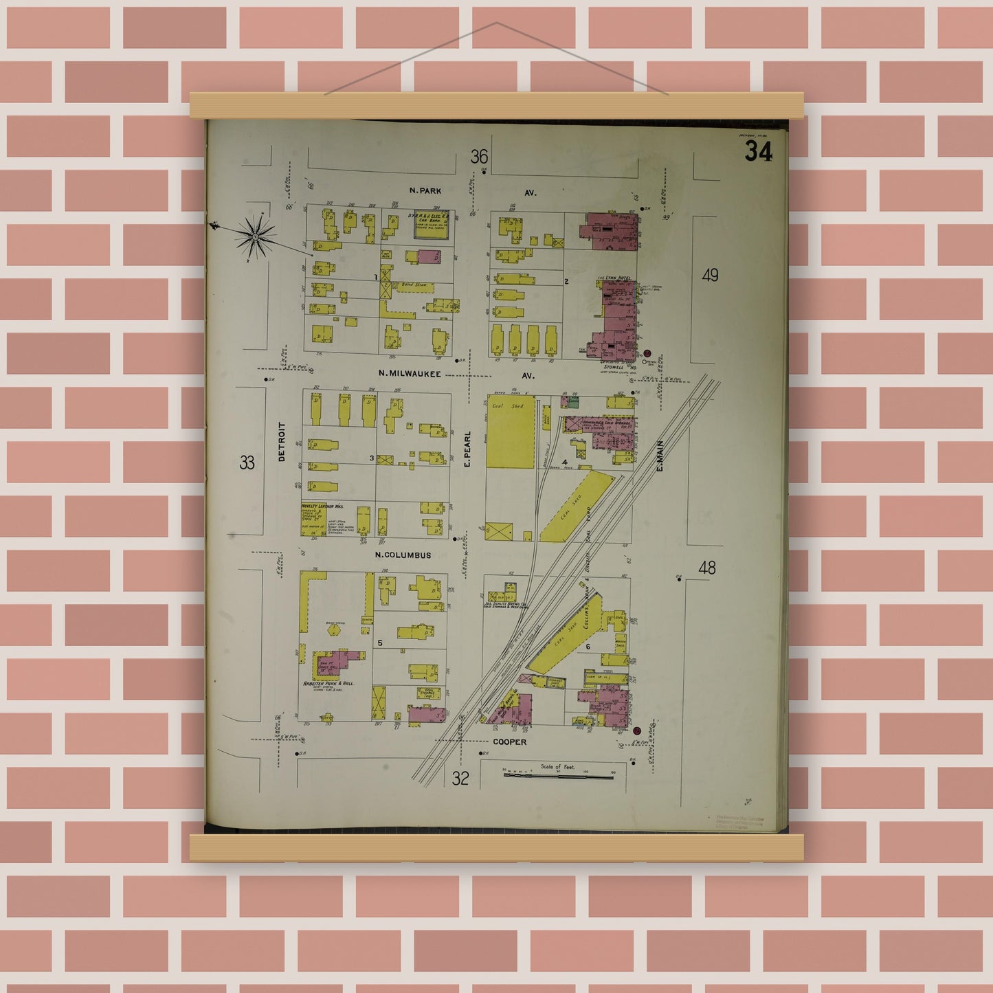 Old map wall art mockup — magnetic wood frame on brick wall — Sanborn Fire Insurance Map from Jackson, Jackson County, Michigan (1907), Sheet #0034