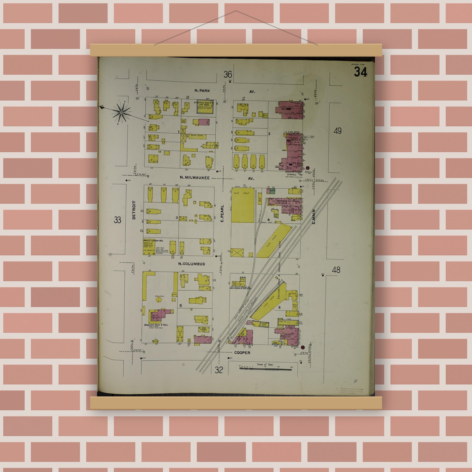 Old map wall art mockup — magnetic wood frame on brick wall — Sanborn Fire Insurance Map from Jackson, Jackson County, Michigan (1907), Sheet #0034