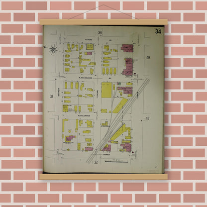 Old map wall art mockup — magnetic wood frame on brick wall — Sanborn Fire Insurance Map from Jackson, Jackson County, Michigan (1907), Sheet #0034