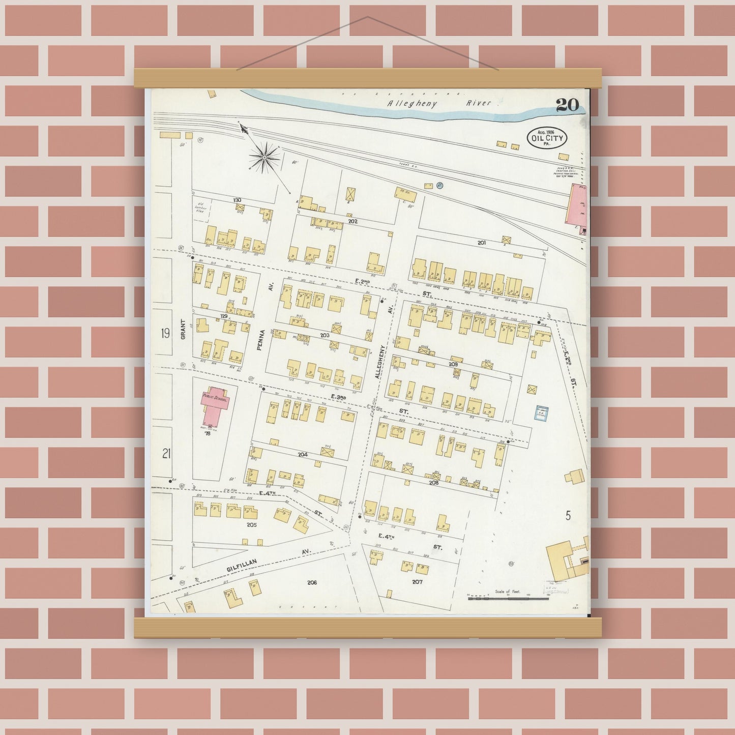 Old map wall art mockup — magnetic wood frame on brick wall — Sanborn Fire Insurance Map from Oil City, Venango County, Pennsylvania (1906), Sheet #0020