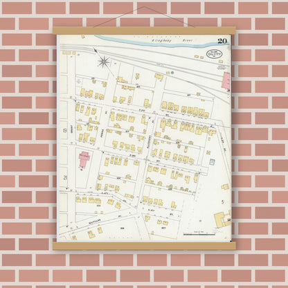 Old map wall art mockup — magnetic wood frame on brick wall — Sanborn Fire Insurance Map from Oil City, Venango County, Pennsylvania (1906), Sheet #0020